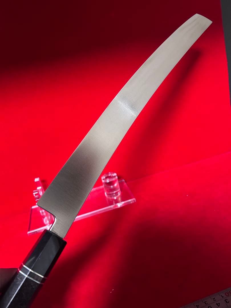 包丁　先丸型　マグロ包丁　尺ニ　鬼反り　鏡面仕上げ　切味抜群　箱付　未使用品