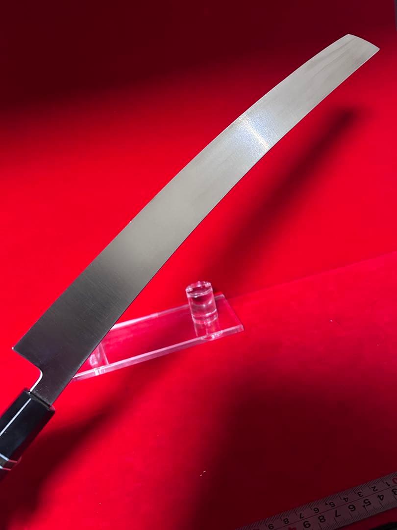 包丁　先丸型　マグロ包丁　尺ニ　鬼反り　鏡面仕上げ　切味抜群　箱付　未使用品