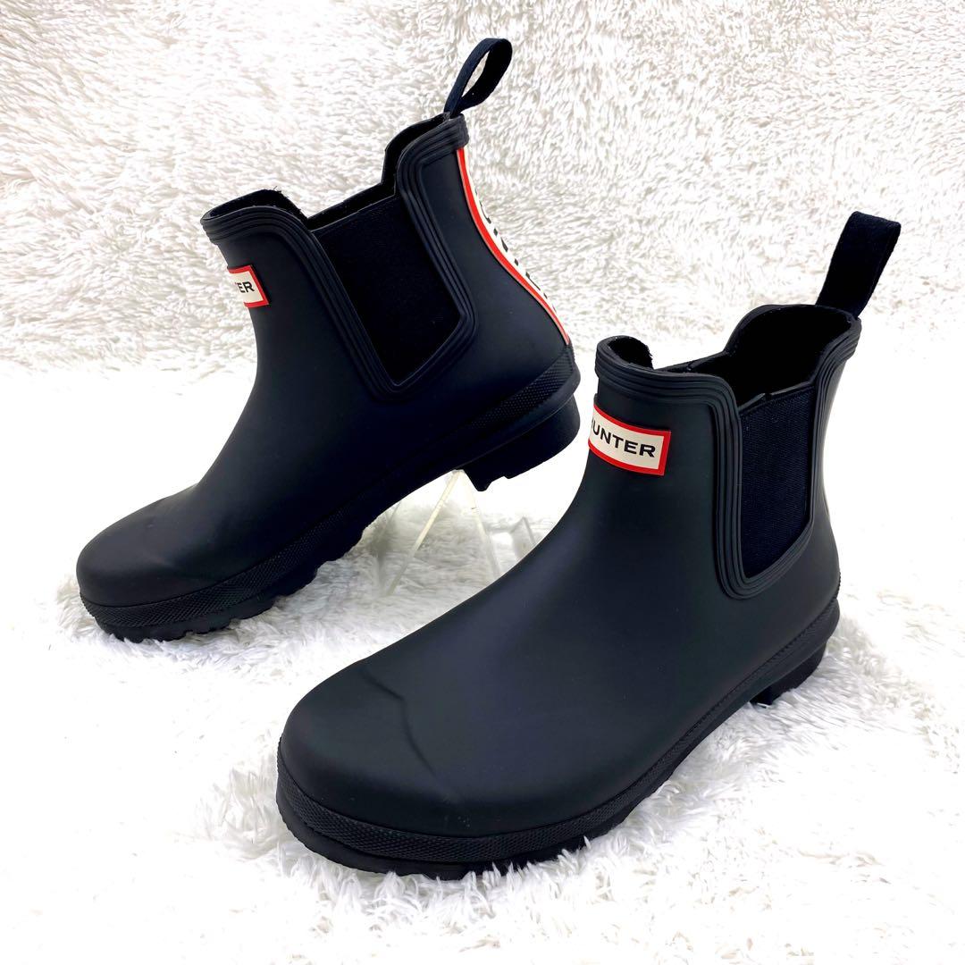 未使用級 HUNTER ロゴ バックストラップブーツ サイドゴア レインブーツ