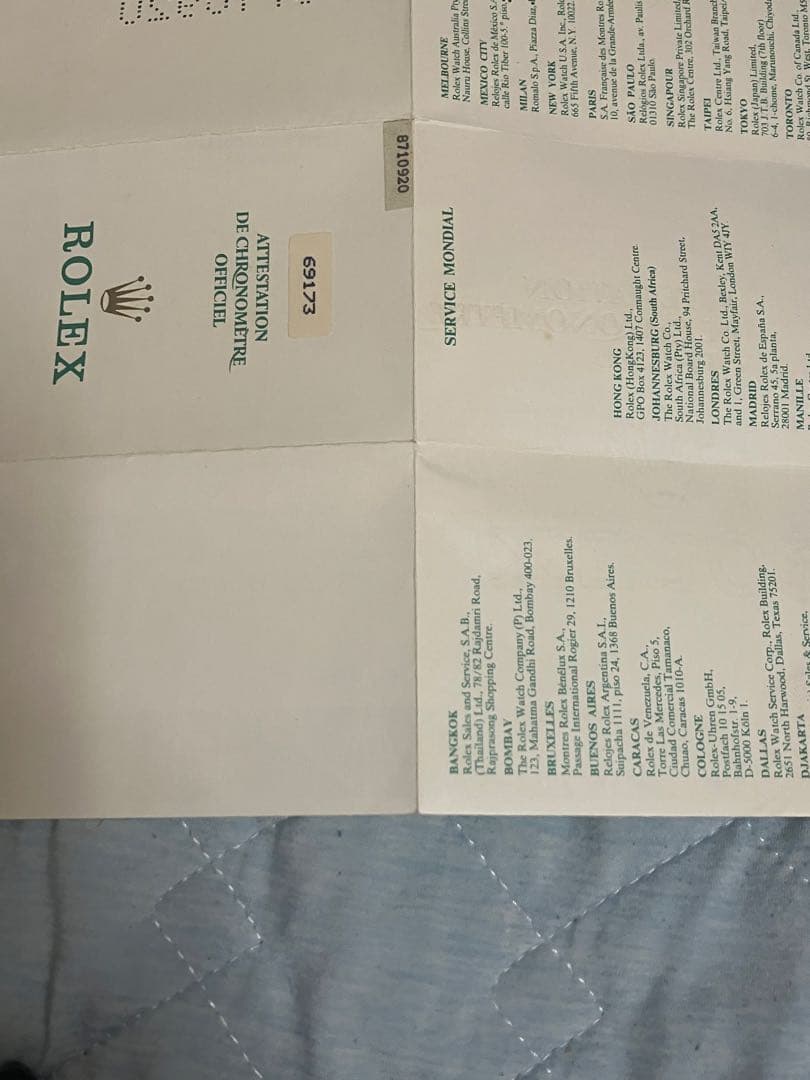 ROLEX デイトジャスト　69173 ギャランティ-保証書　1987／4発行