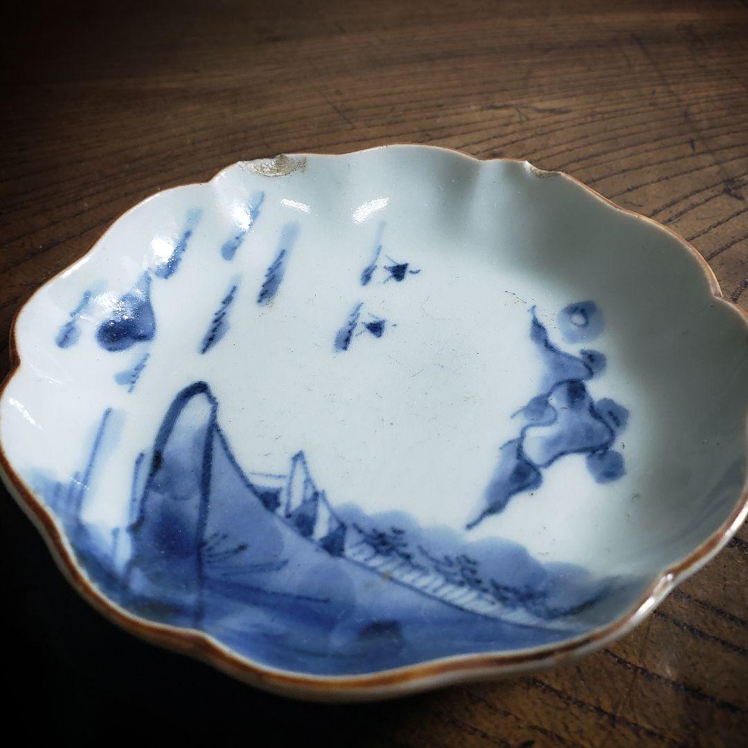 小皿　古伊万里　江戸　山水　遠景　船 民家　訳あり