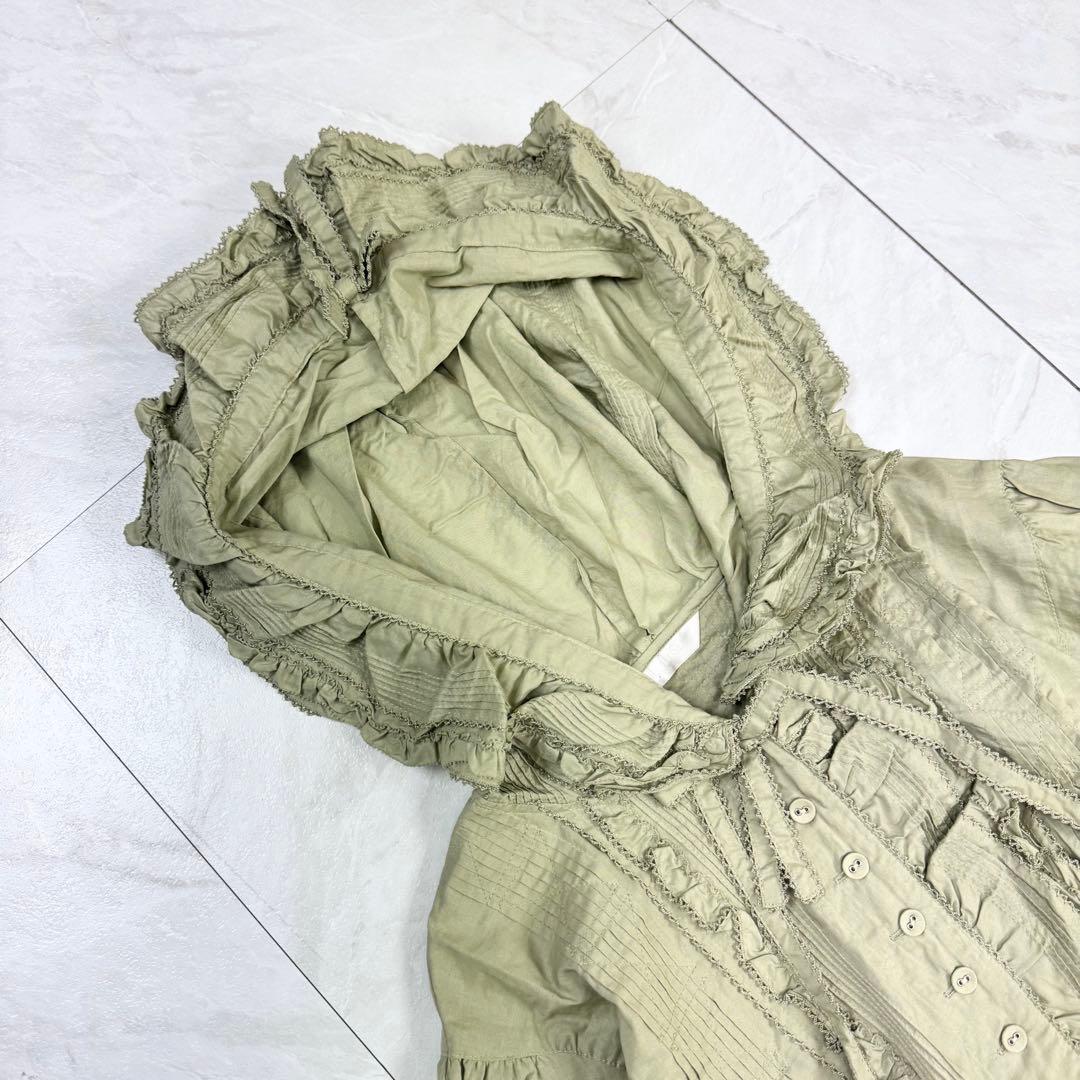 極美品 ピンクハウス ピコフリル ティアード リボン レース ブラウス グリーン