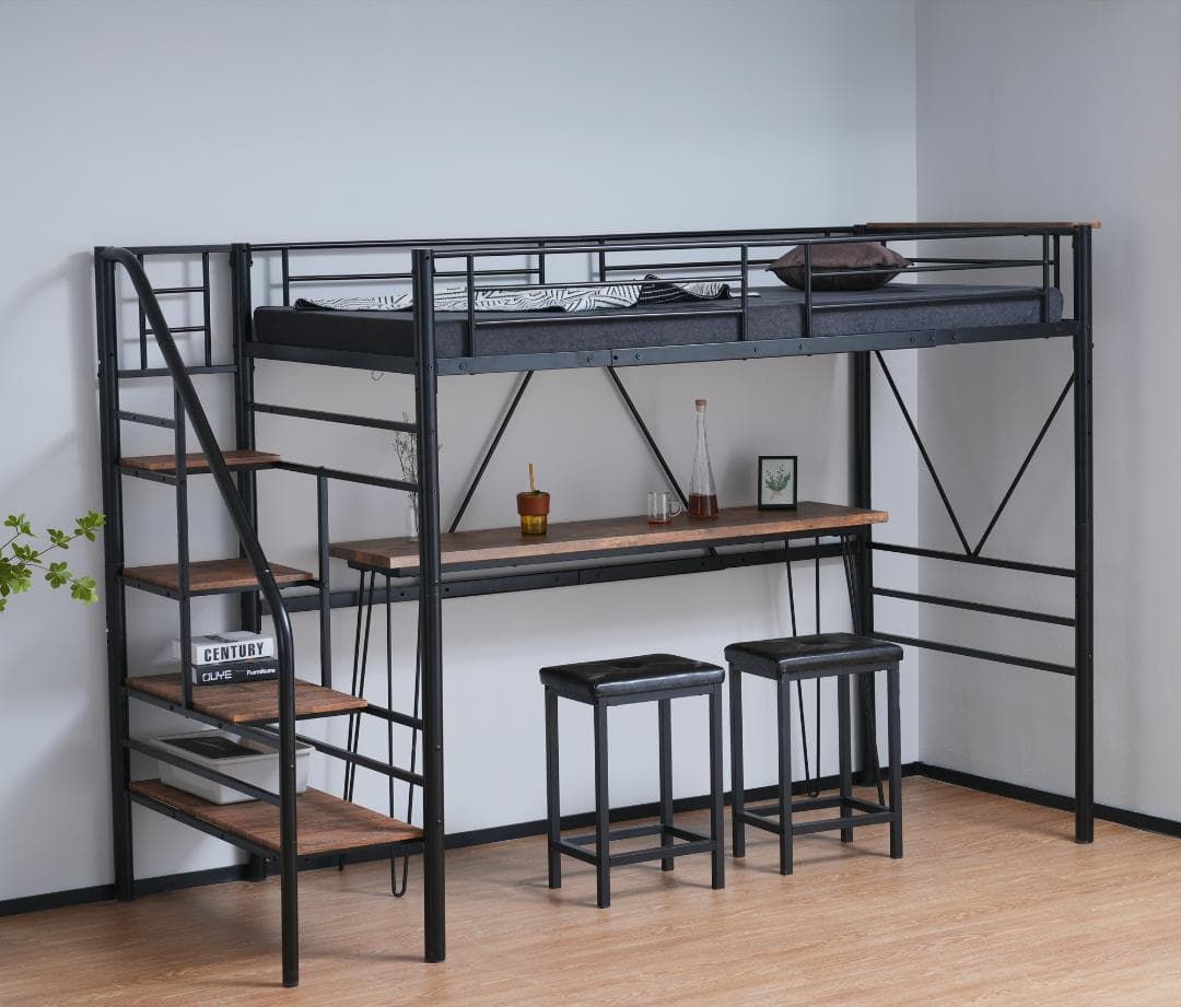 S ロフトベッド 階段付き S パイプベッド シングル コンセント付きBlack