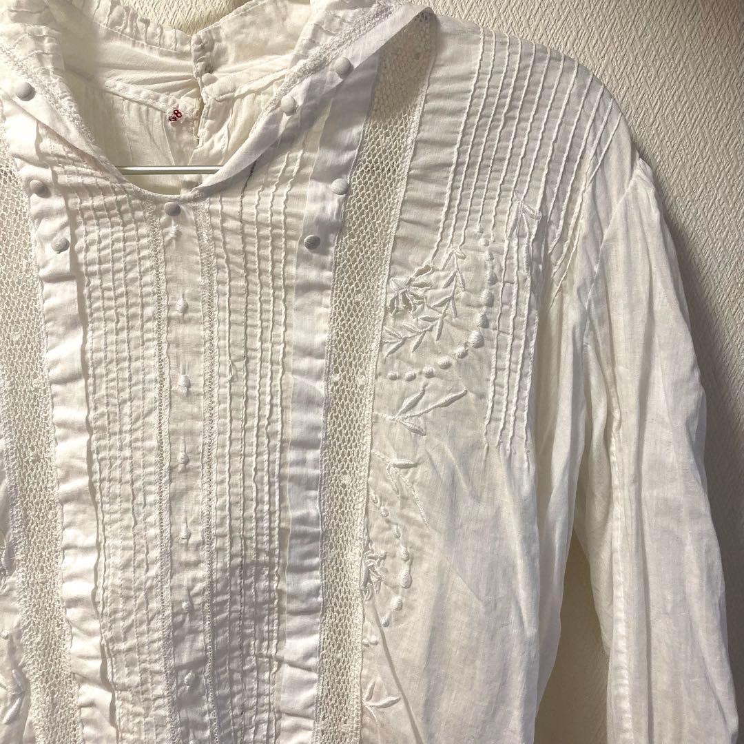 【アンティーク】フランス ブラウス 花 刺繍 ホワイト