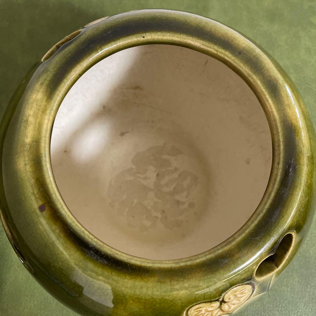 火鉢 織部　蓋付き　香炉　蚊取り線香入れ 花器 炭 灰 陶器 透かし インテリア