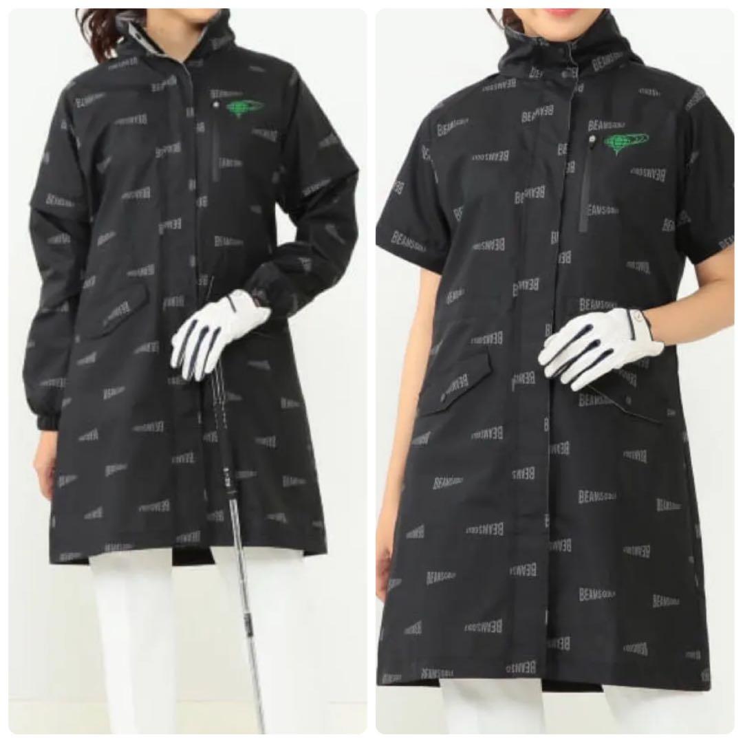 極美品　ビームスゴルフ　2WAY レインコート 2　ロゴ　総柄　ブラック　フード