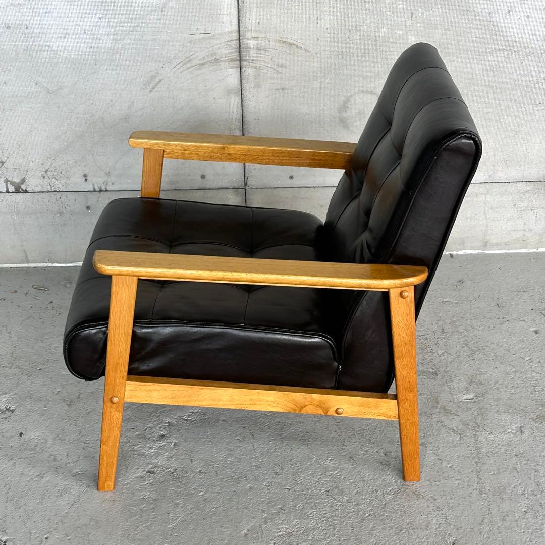 ✦昭和レトロ✦喫茶店風 木肘ソファ｜ブラックPUレザーチェア ヴィンテージ家具