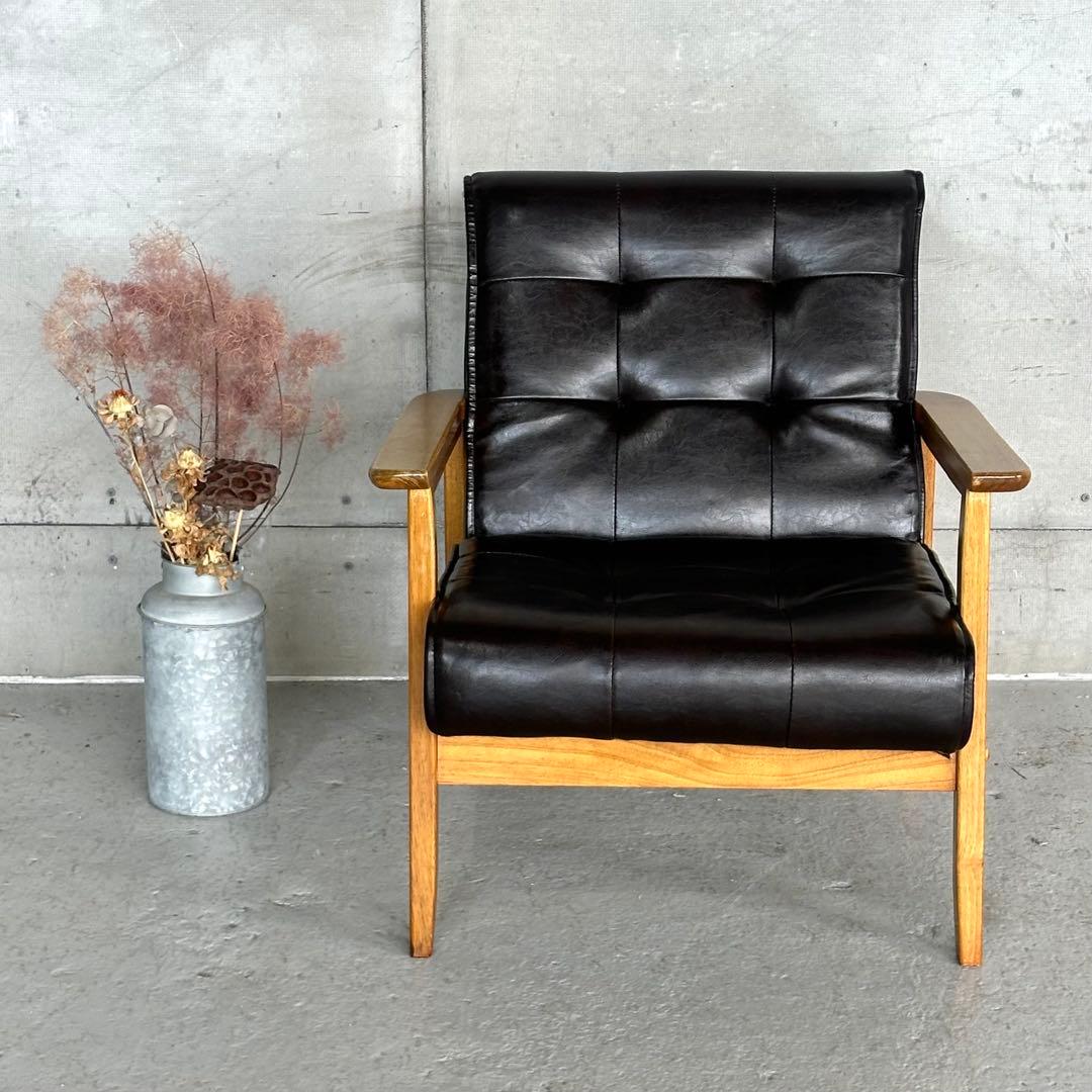 ✦昭和レトロ✦喫茶店風 木肘ソファ｜ブラックPUレザーチェア ヴィンテージ家具
