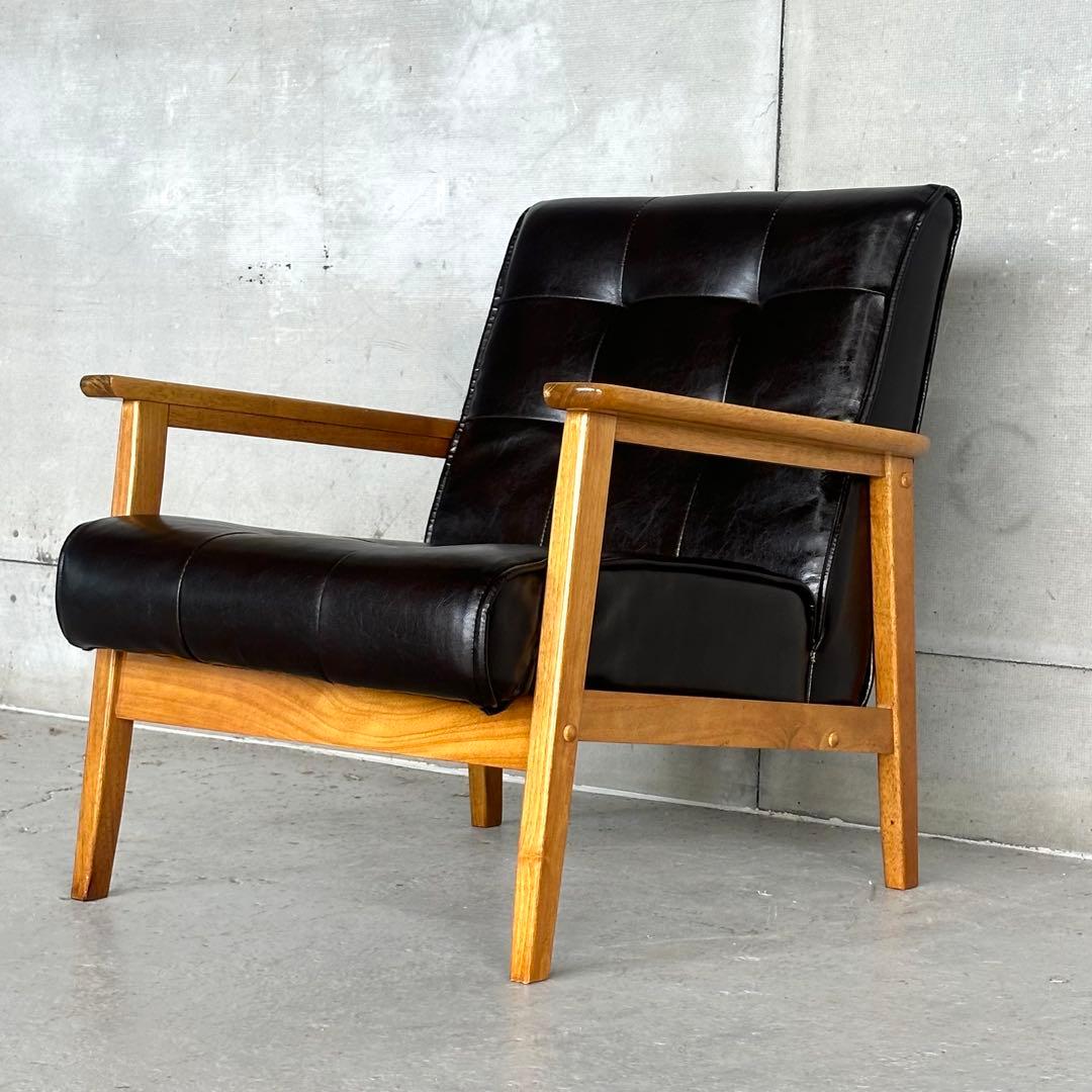 ✦昭和レトロ✦喫茶店風 木肘ソファ｜ブラックPUレザーチェア ヴィンテージ家具