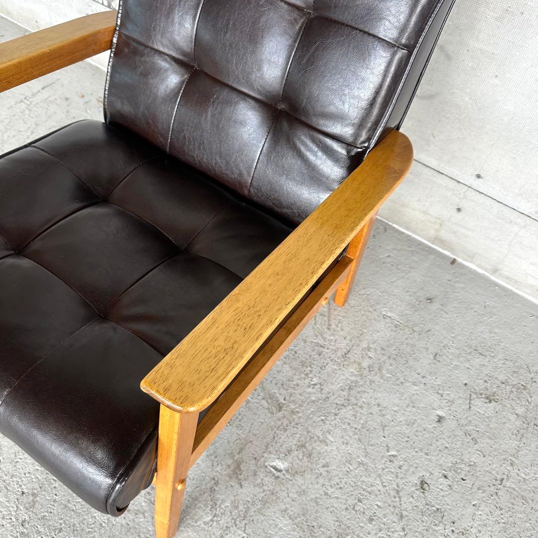 ✦昭和レトロ✦喫茶店風 木肘ソファ｜ブラックPUレザーチェア ヴィンテージ家具