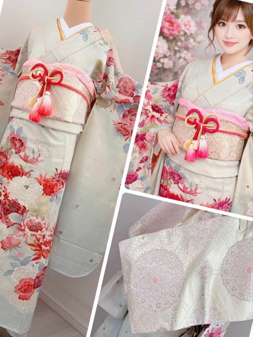 商品状態欄必須確認！新品　正絹振袖フルセット　牡丹•菊調　淡い青色 花柄