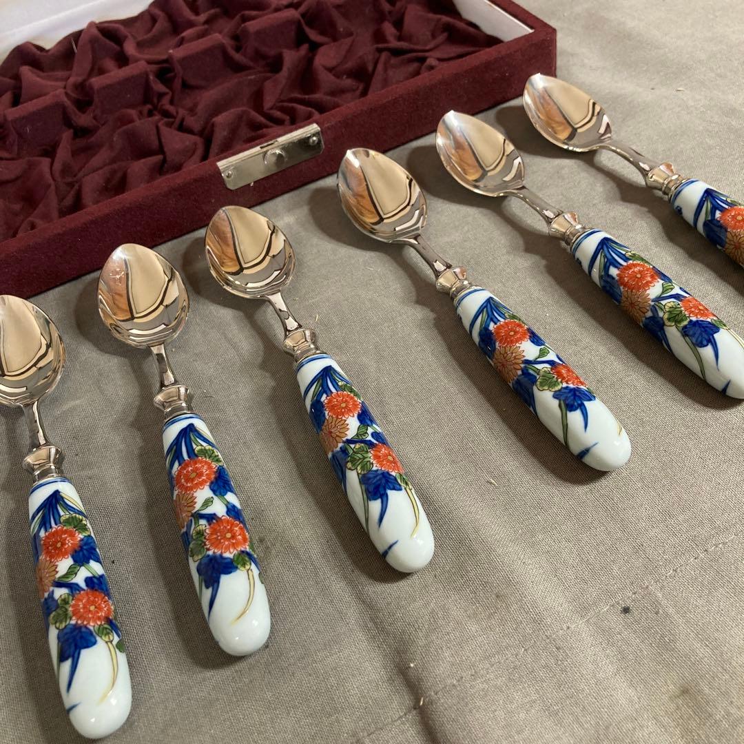 【源右衛門】古伊万里の伝統　名窯　舘林源右衛門作　古伊万里菊絵　スプーン六本揃