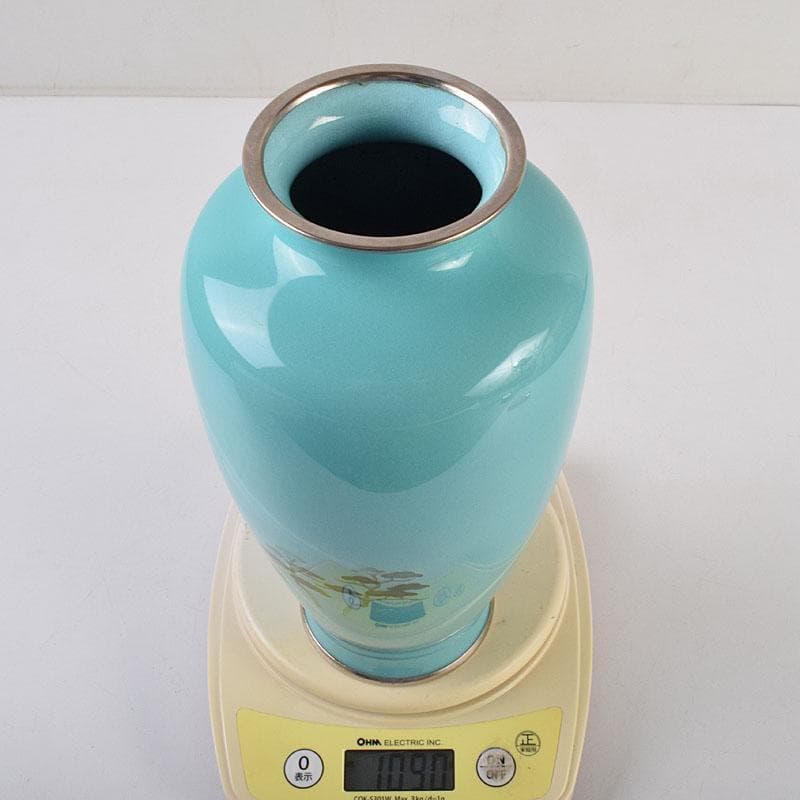 七宝焼　青釉　富士松文　花瓶　唐木台付　共箱　M　R9509