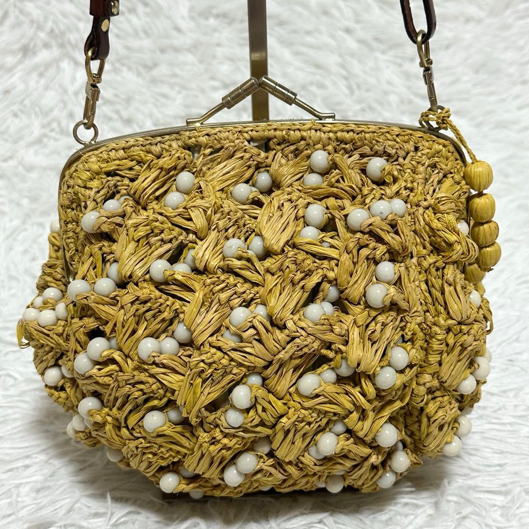 美品✨ジャマンピュエッシュ がま口 ビーズ ワンショルダーバッグ ラフィア カゴ