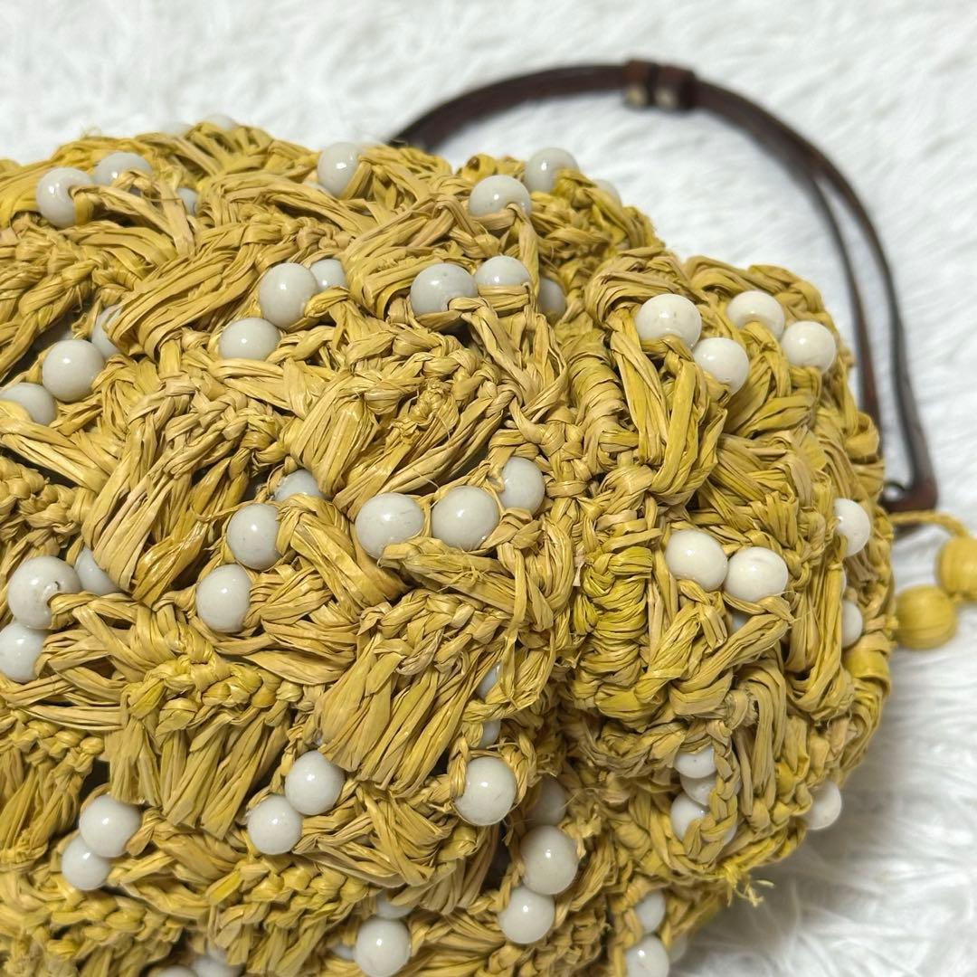 美品✨ジャマンピュエッシュ がま口 ビーズ ワンショルダーバッグ ラフィア カゴ