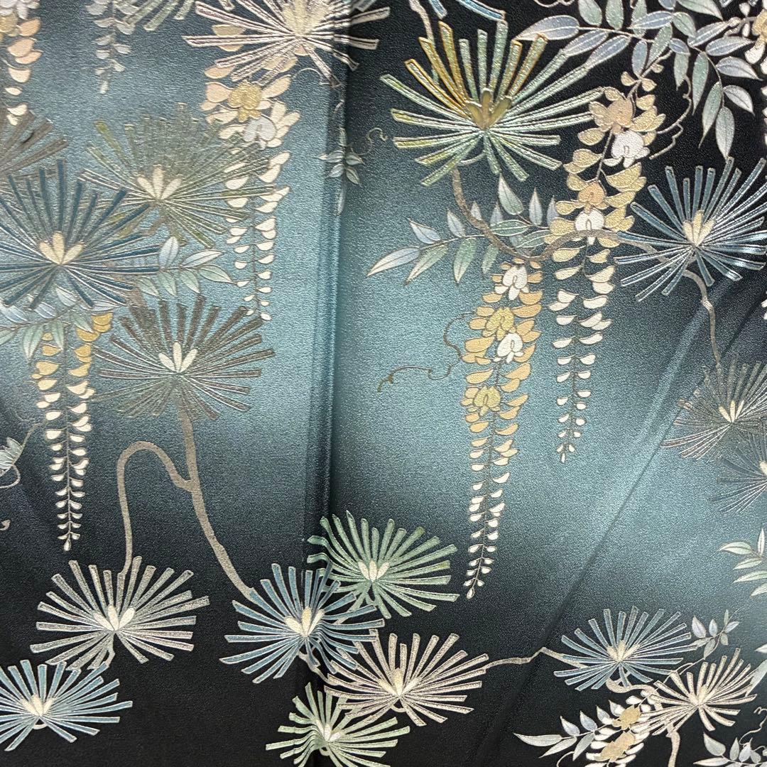 お値下げ済み D46 訪問着 藤の花 黒地 正絹 着物 袷 しつけ糸未使用極美品