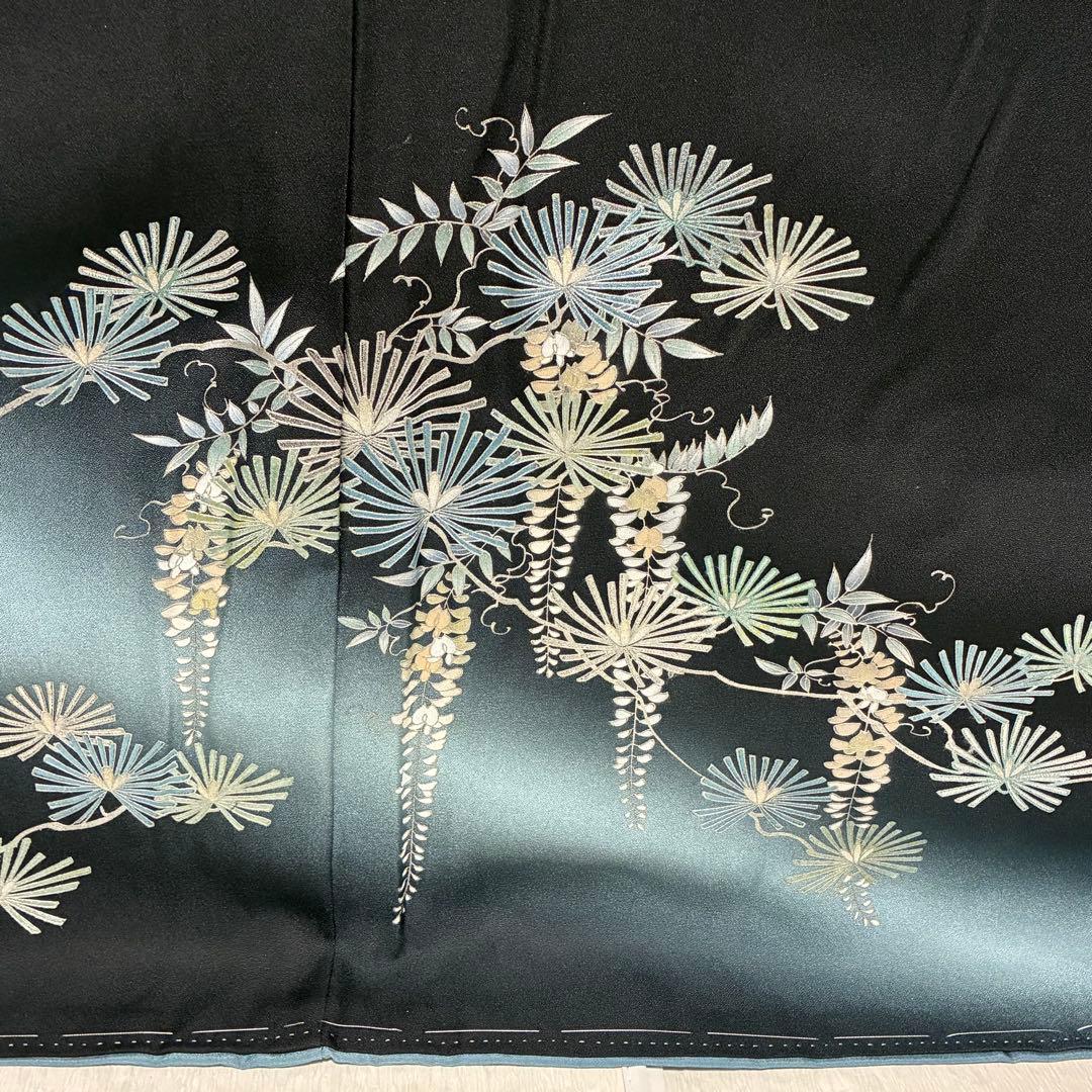 お値下げ済み D46 訪問着 藤の花 黒地 正絹 着物 袷 しつけ糸未使用極美品