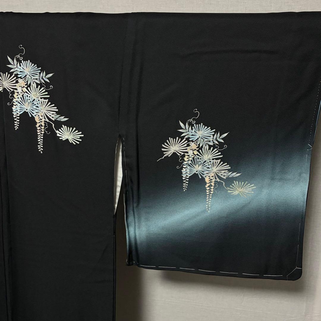 お値下げ済み D46 訪問着 藤の花 黒地 正絹 着物 袷 しつけ糸未使用極美品