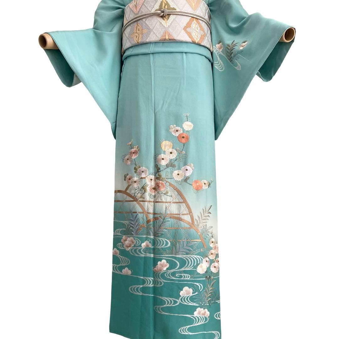 ★淡い水浅葱色　身丈157 刺繍　訪問着　着物　NO44 フルセット可