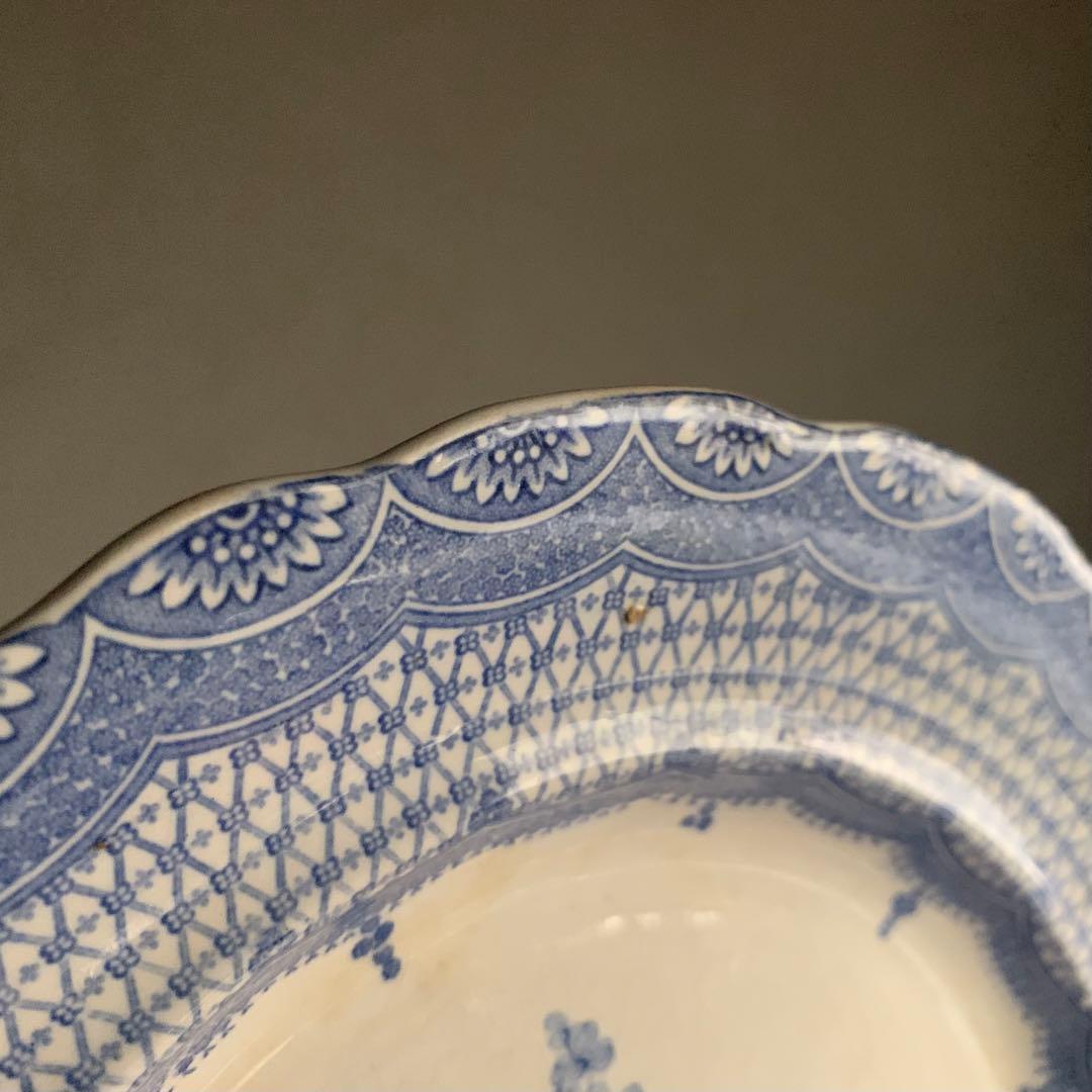 銅板転写 かわいらしい花柄 輪花 プレート 中皿 リム皿 古道具 アンティーク