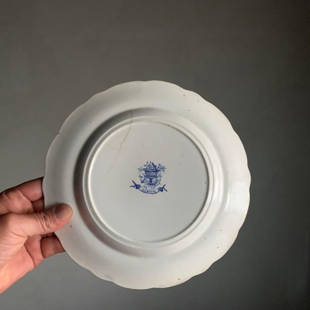 銅板転写 かわいらしい花柄 輪花 プレート 中皿 リム皿 古道具 アンティーク