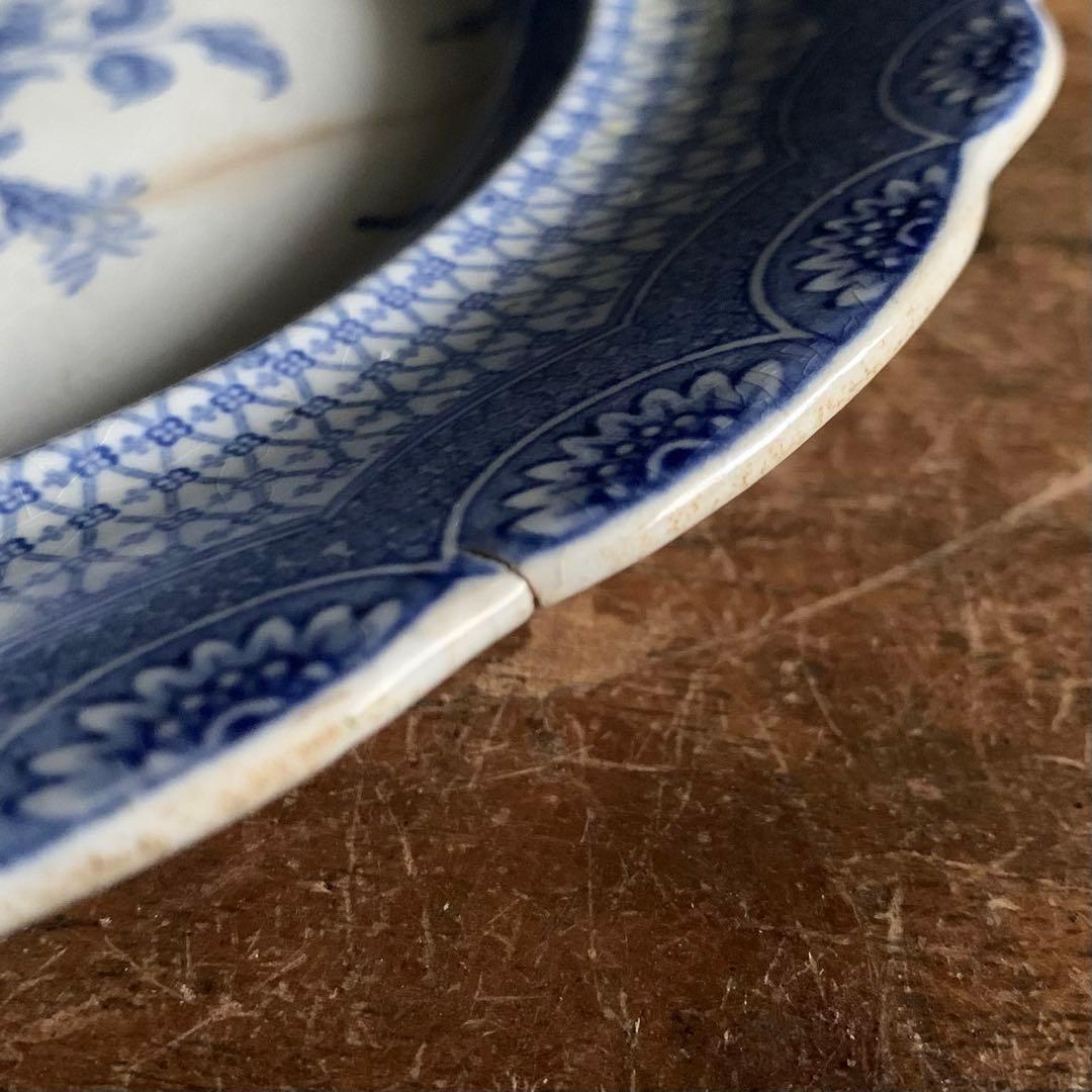 銅板転写 かわいらしい花柄 輪花 プレート 中皿 リム皿 古道具 アンティーク