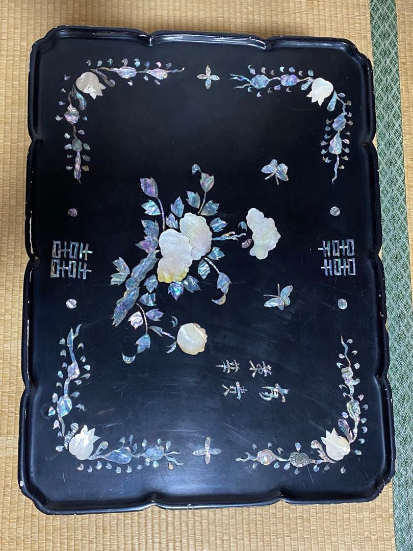 ♦中国清時代 花 蝶 柘榴 富貴 吉祥文 螺鈿細工 輪花 四方足 花台 骨董品