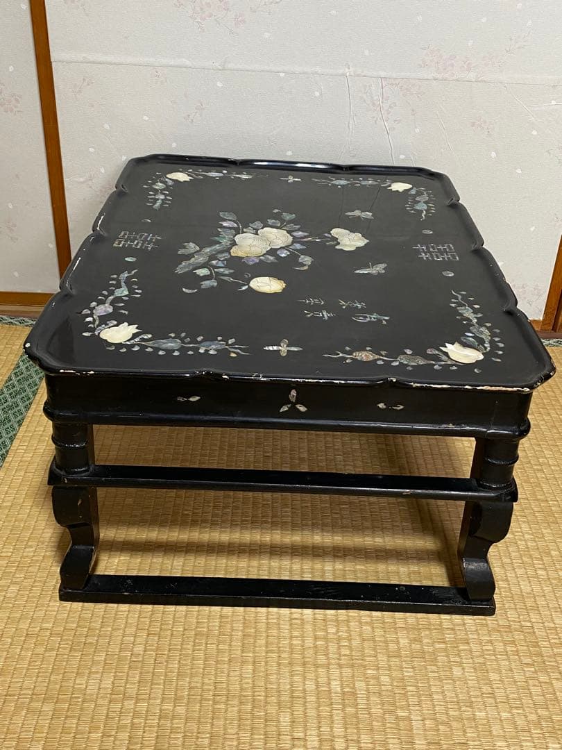 ♦中国清時代 花 蝶 柘榴 富貴 吉祥文 螺鈿細工 輪花 四方足 花台 骨董品