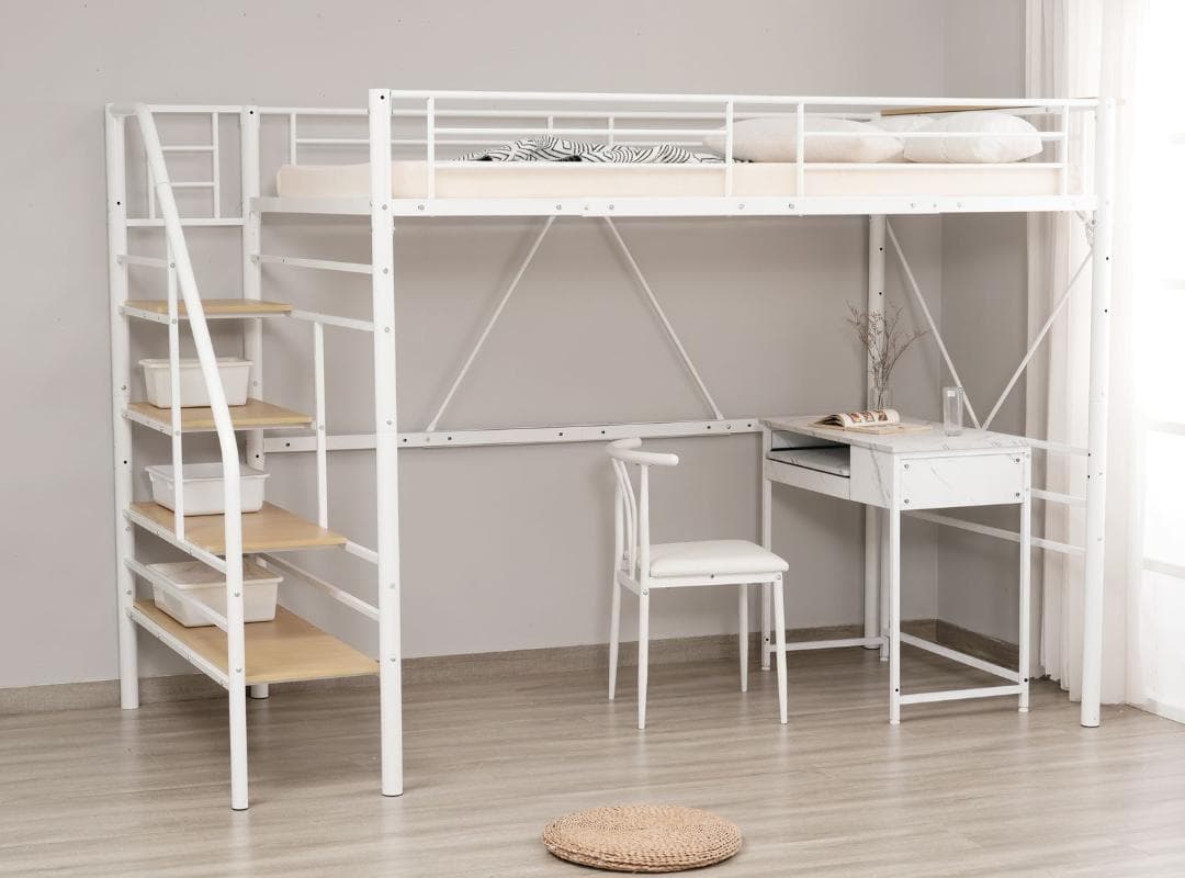 ロフトベッド 階段付き S パイプベッド シングル コンセント付き 収納 耐震