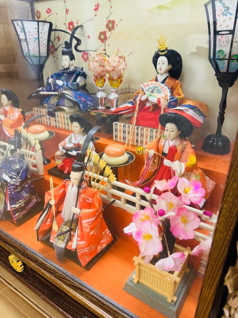 七人飾り雛人形　ひな祭り ガラスケース オルゴール　69cm