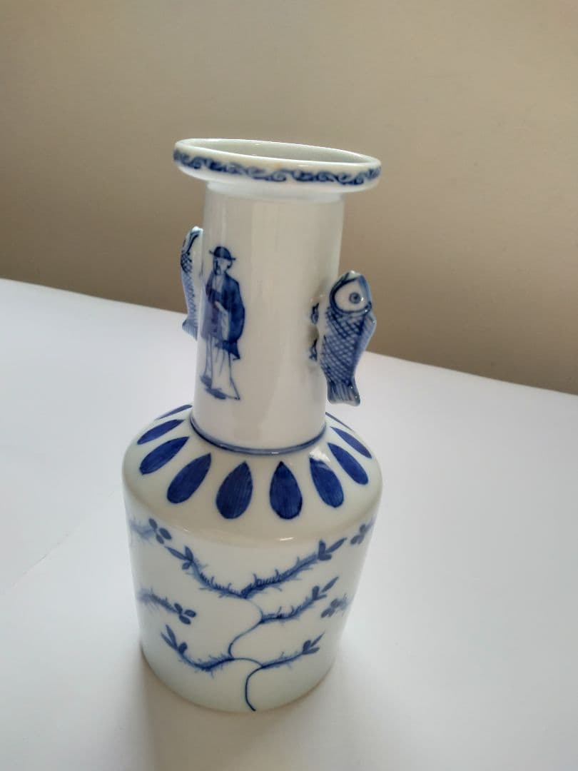 九谷　陶源製　高砂花入　染付鯉耳　華入