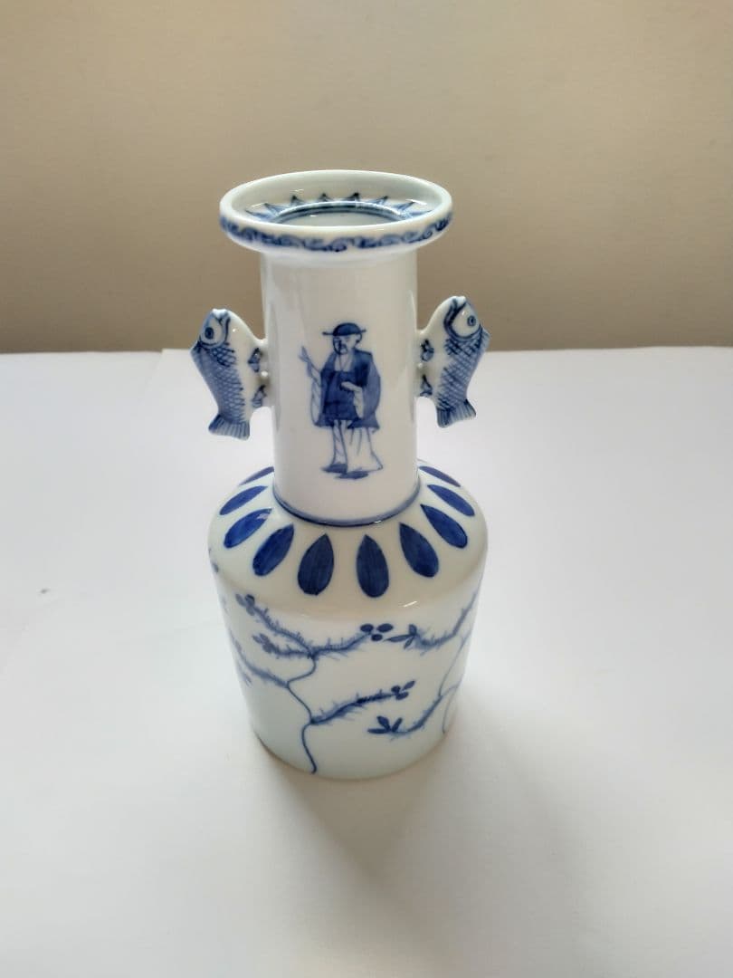 九谷　陶源製　高砂花入　染付鯉耳　華入