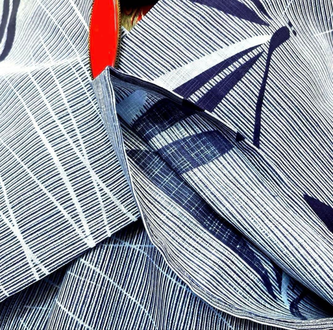 綿麻 浴衣 蜻蛉 芝 縞 青色 ブルー フリーサイズ 未使用