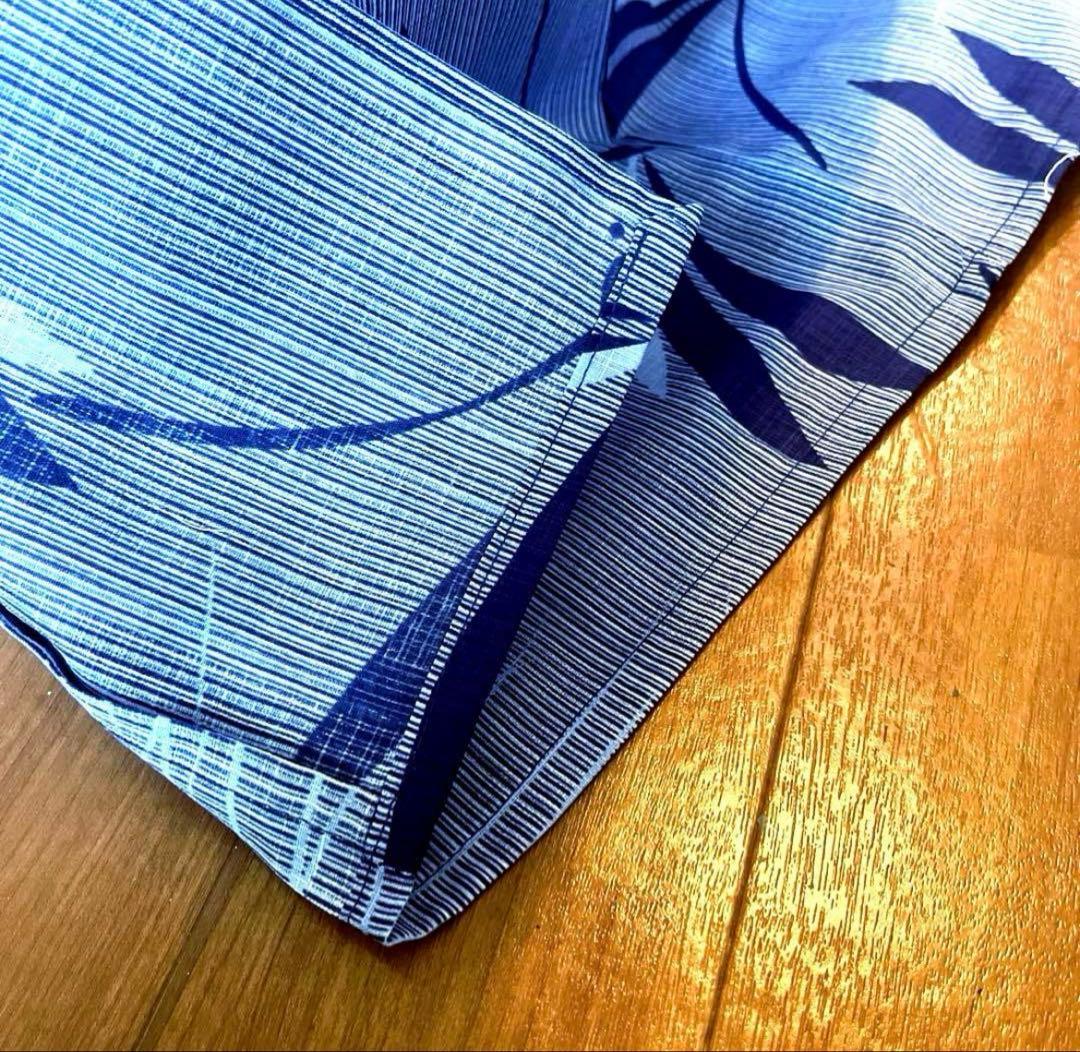 綿麻 浴衣 蜻蛉 芝 縞 青色 ブルー フリーサイズ 未使用