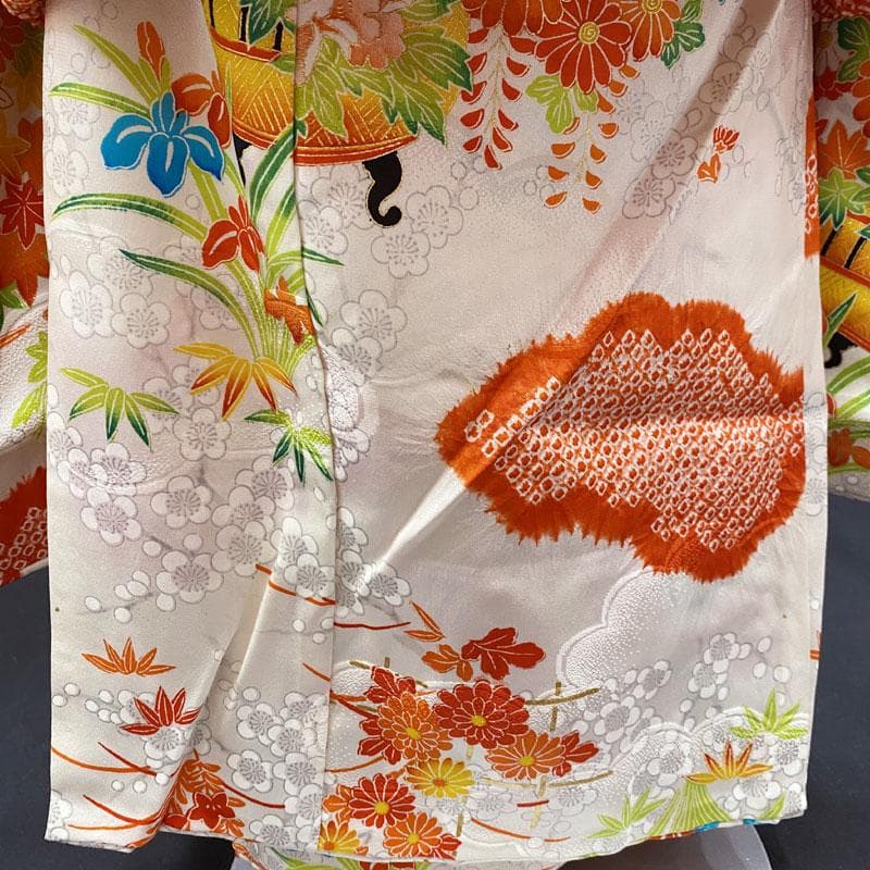 503ag100◎七五三 三歳 女児 着物&被布 部分絞り 梅 籠花 白◎