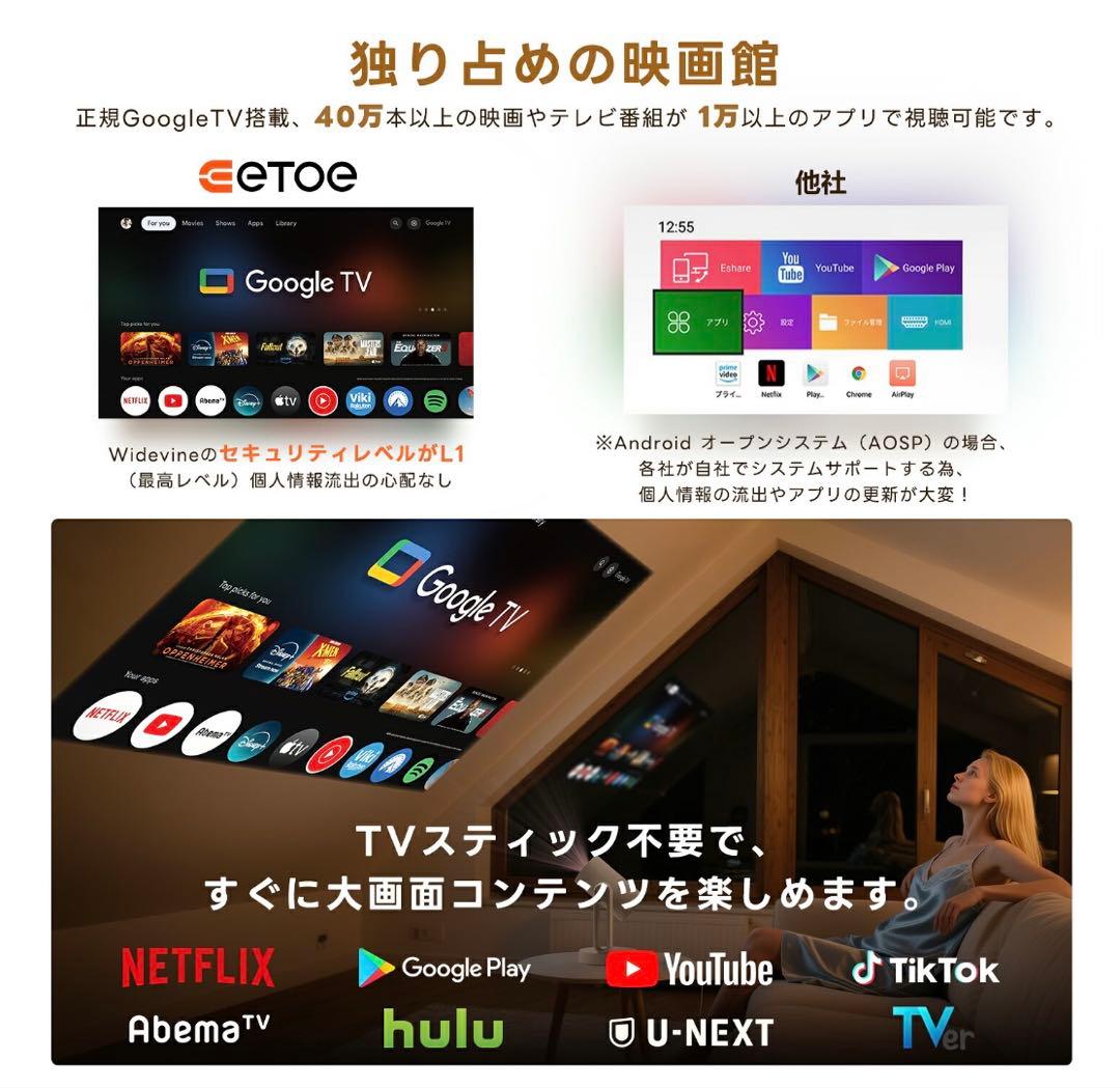 ETOE　プロジェクター　StarfishPlus　Google TV搭載