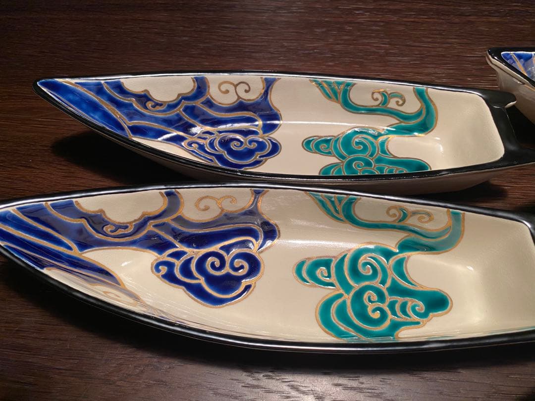 京焼焼向付　仁清流水舟形向付5客　新品未使用