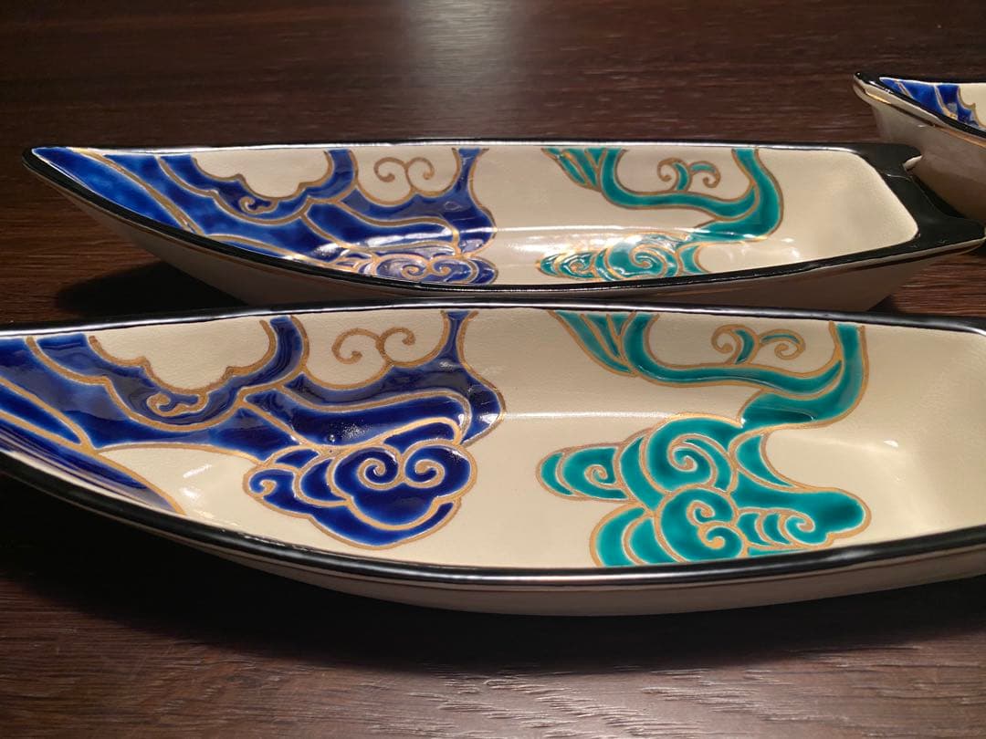 京焼焼向付　仁清流水舟形向付5客　新品未使用