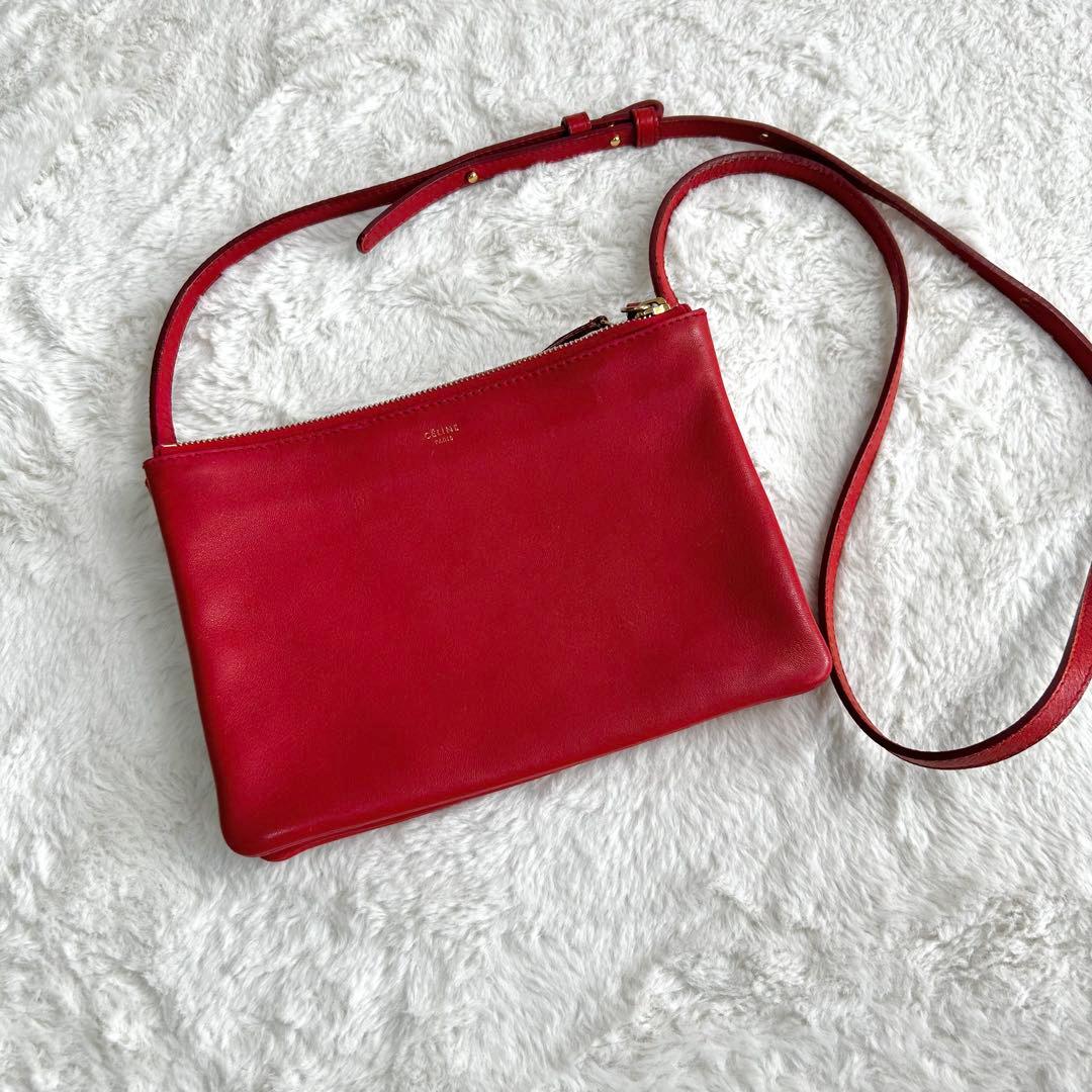 美品✨　CELINE トリオ　本革　ショルダーバッグ　旧ロゴ　赤