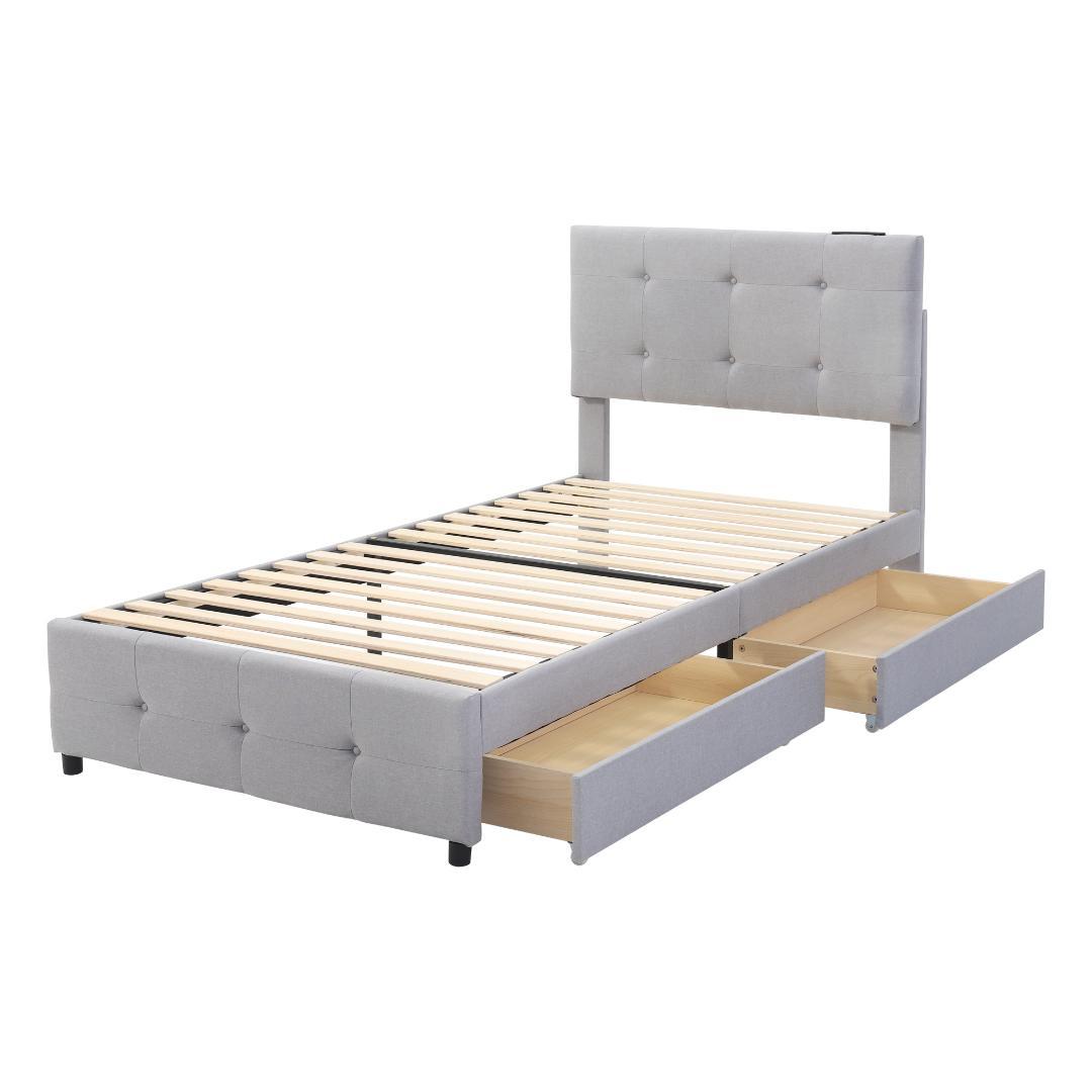 【新品】ライトグレー Sシングルベッド 布貼り 引き出し付き 北欧風