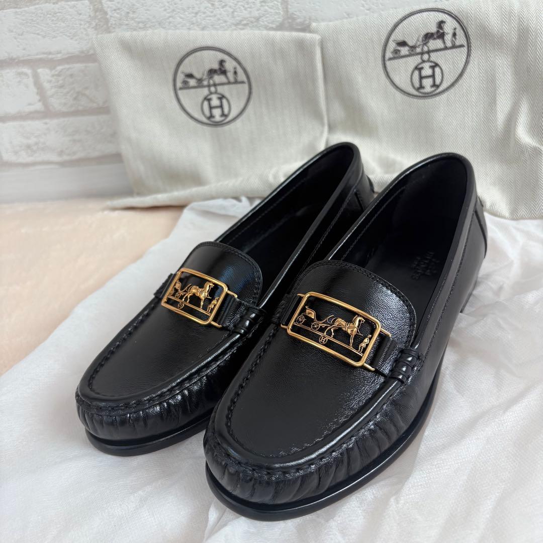 【未使用】　エルメス　モカシン　ケッシー　ローファー　レザー　ブラック　馬車金具