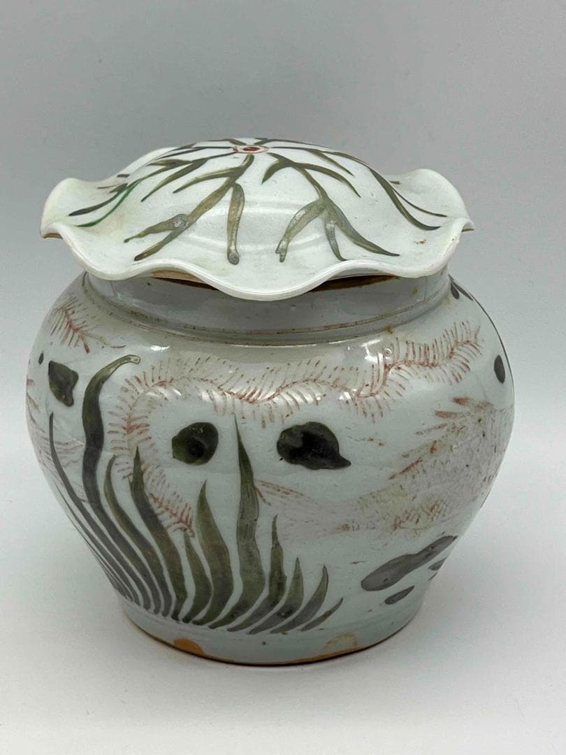 田中 野夫 元時代紅綠彩魚藻紋荷葉型小壺蓋付き茶道具お茶入れ(D-74)