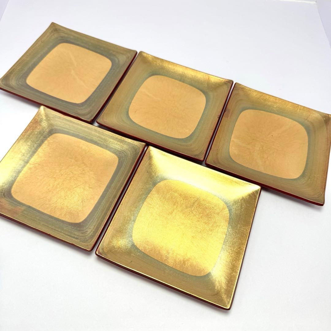 新品未使用 金沢箔工芸 金沢手打箔 洋金箔 角古代銘々皿 5枚セット 共箱説明書