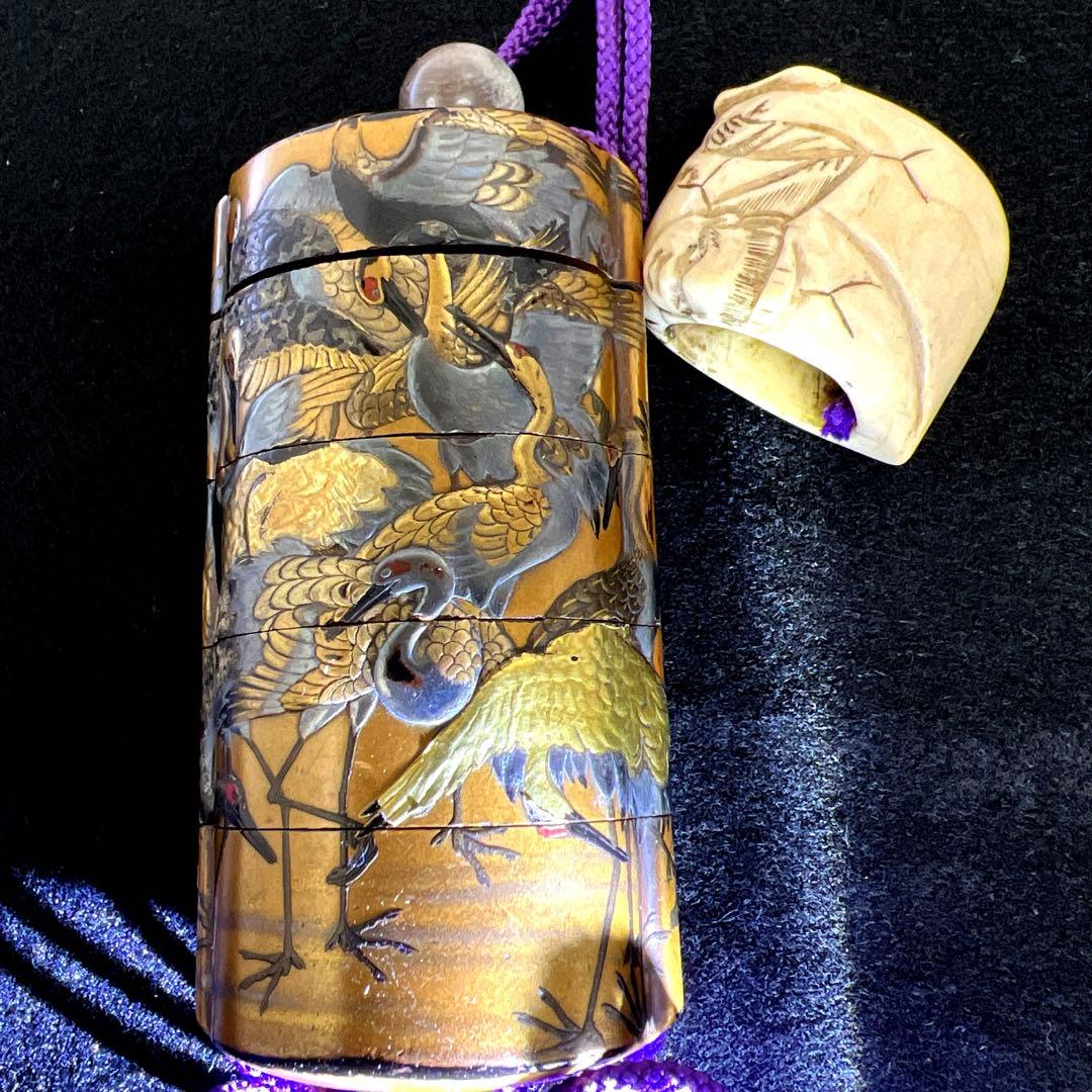 江戸時代　鶴蒔絵印籠、根付　70g 東Y8-0122☆2Fトコカ