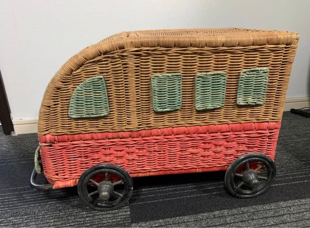 希少　80s ラタン製　バス型　収納ボックス　昭和レトロ　収納ケース　レトロ雑貨