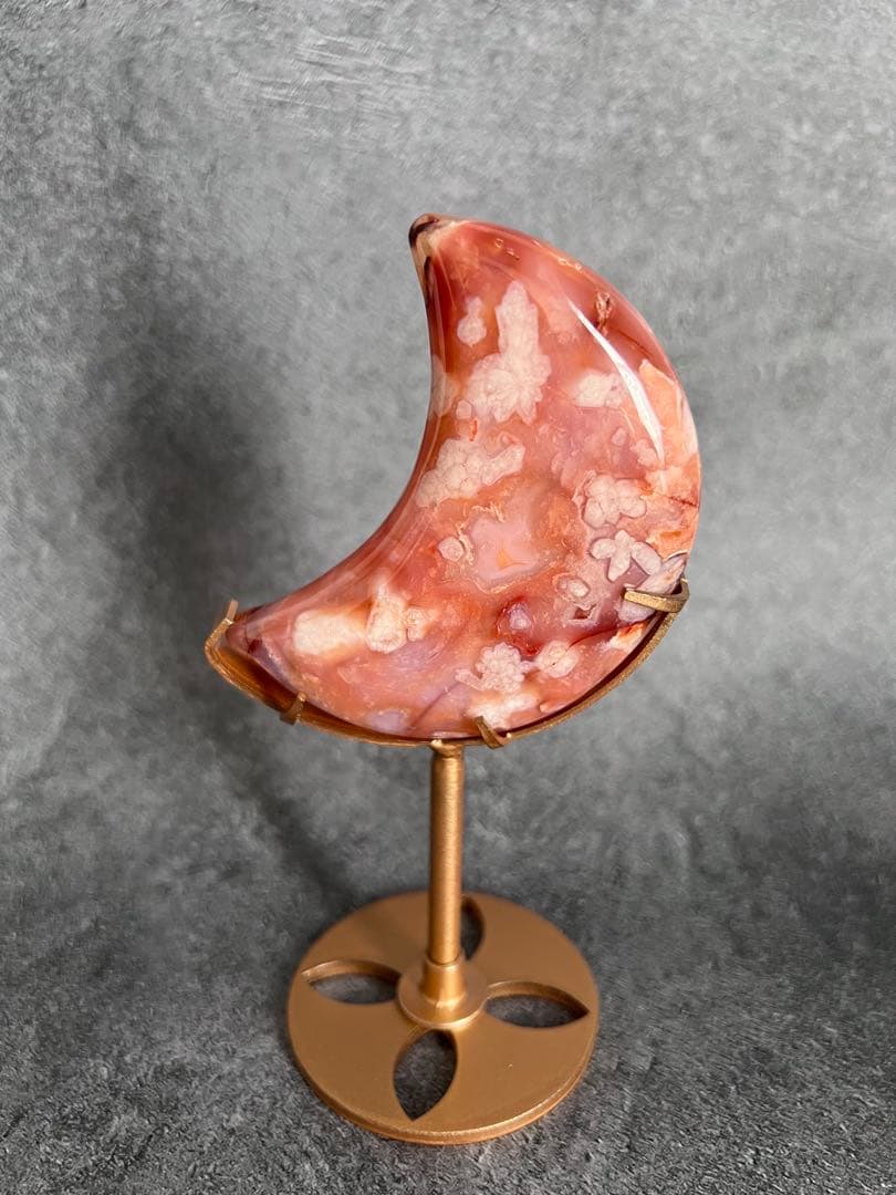 高品質　カーネリアン　フラワーアゲート　桜瑪瑙　月　ムーン　台座付き