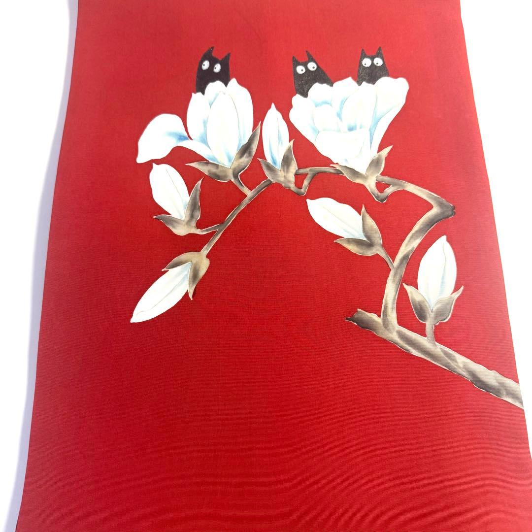 5k2293 名古屋帯　絹　塩瀬帯　猫　手書き　染め　赤　白　黒　花柄　和装