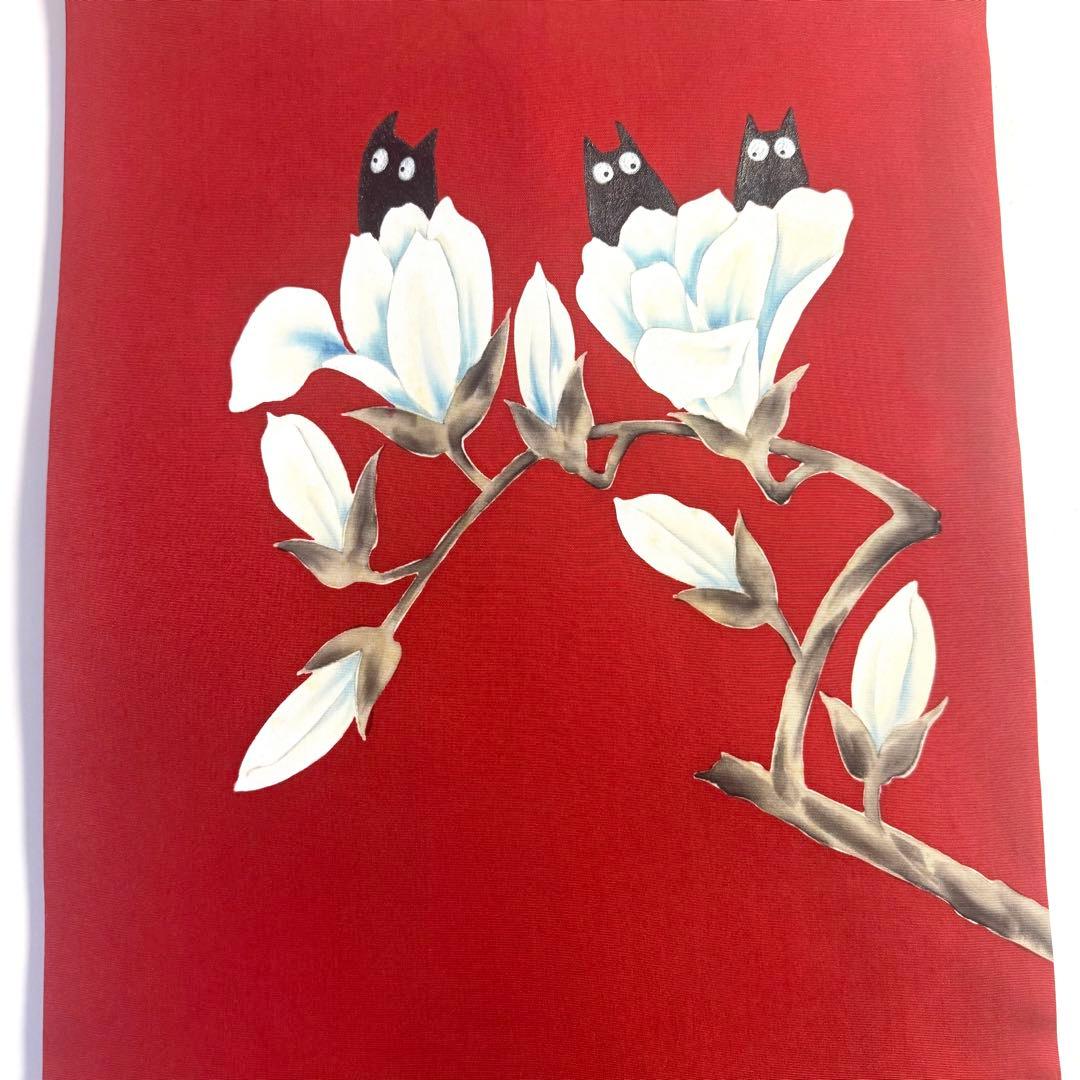 5k2293 名古屋帯　絹　塩瀬帯　猫　手書き　染め　赤　白　黒　花柄　和装