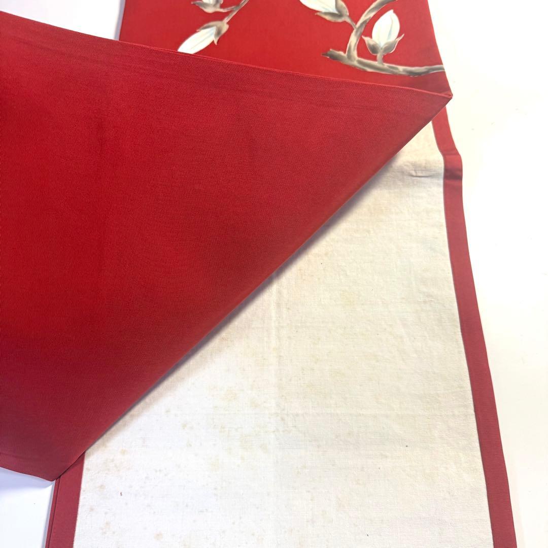 5k2293 名古屋帯　絹　塩瀬帯　猫　手書き　染め　赤　白　黒　花柄　和装