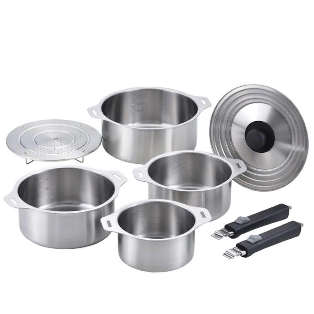 【日本製】燕三 IH対応ハンドル着脱式鍋 4点セット （蒸し台付)